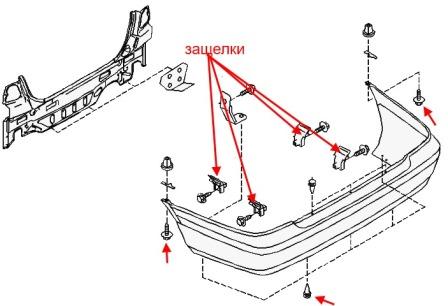 the scheme of fastening of the rear bumper Nissan Primera P11 (1996-2002)